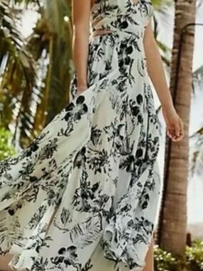 Free People Seafoam Green Maxi Dress with Black Floral Print